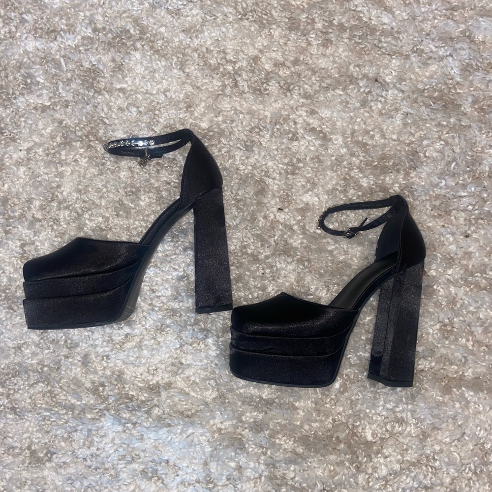 Black satin block heels rhinestone ankle strap Versace inspired